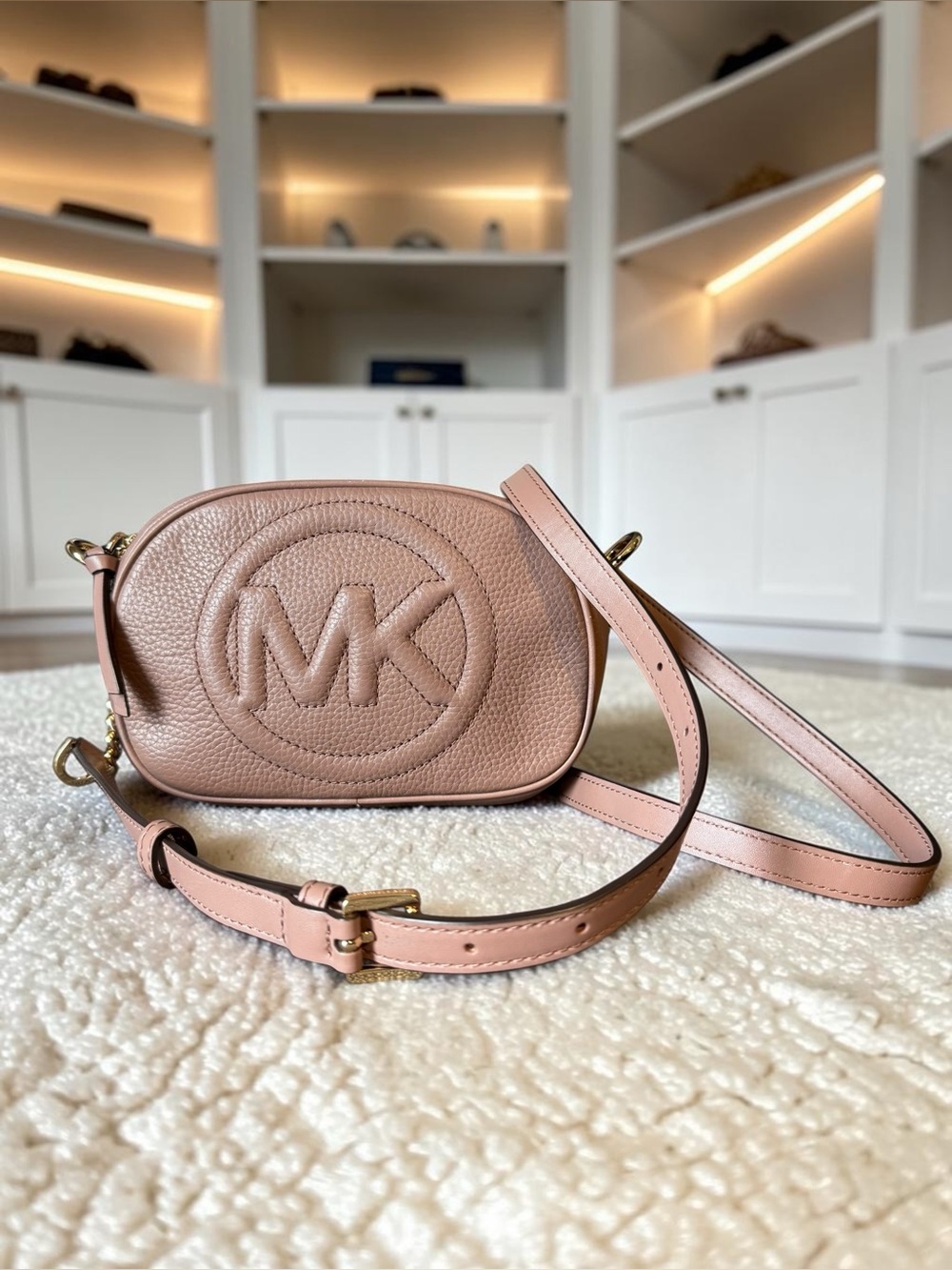 Michael Kors Dusty Pink Pebbled Leather MK Logo Crossbody